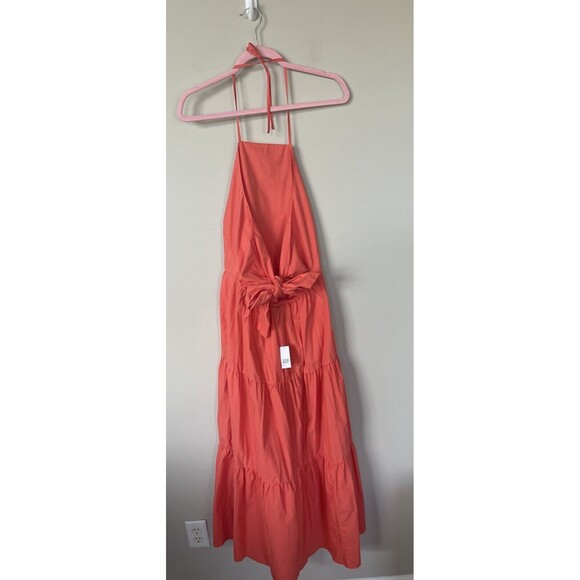 Gap Dress Women Coral Tiered Tie Back Maxi Cotton Pockets Classic Sz 8 T NWT - Picture 3 of 11
